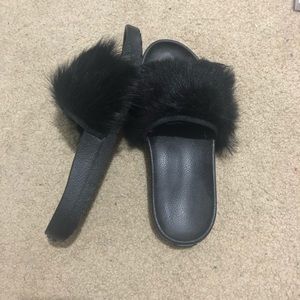 Fuzzy Black Ugg Slides